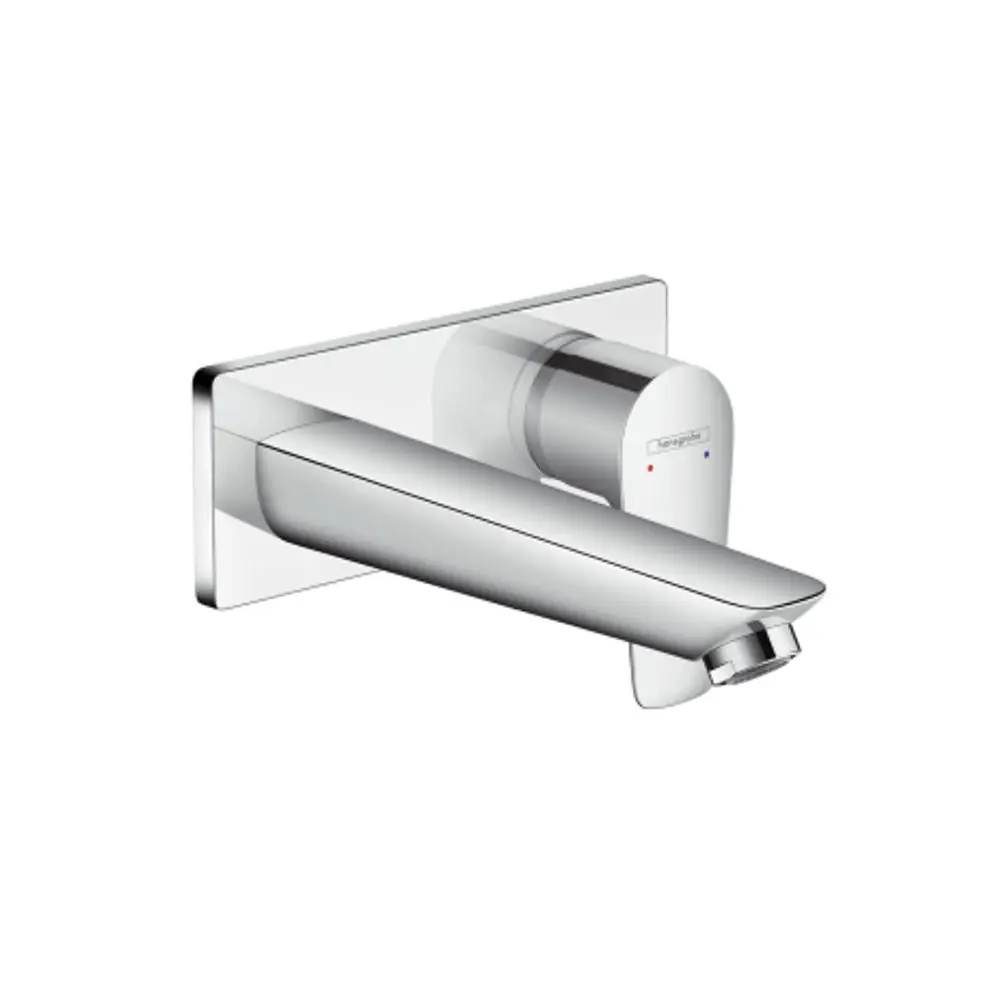 Wandmontierter Einhebel-Waschtischmischer aus Chrom von Hansgrohe mit flachem Auslauf und Bedienelement zur Temperaturregulierung.
